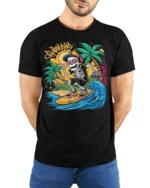Skeleton Surfing Tshirt Retro Beach Wave Graphic Tee - model wearing black shirt, hands behind back