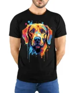 Colorful Dog Tshirt Vibrant Labrador Art Graphic - model wearing black shirt, hands behind back
