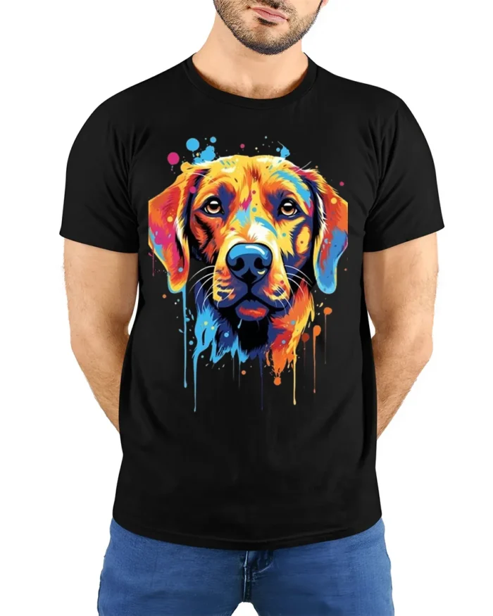 Colorful Dog Tshirt Vibrant Labrador Art Graphic - model wearing black shirt, hands behind back