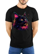 Colorful Black Cat Tshirt Vibrant Neon Art Graphic - model wearing black shirt, hands behind back
