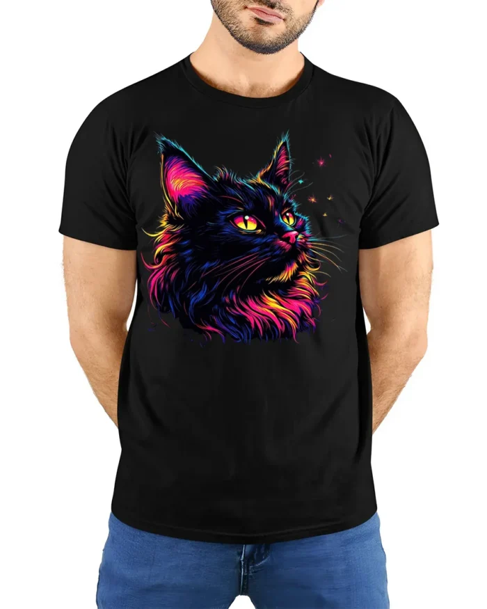 Colorful Black Cat Tshirt Vibrant Neon Art Graphic - model wearing black shirt, hands behind back