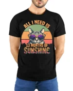 All I Need Is Sunshine Cat Tshirt Retro Summer Tee - model wearing black shirt, hands behind back