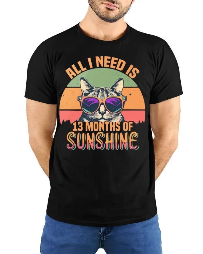 All I Need Is Sunshine Cat Tshirt Retro Summer Tee - model wearing black shirt, hands behind back