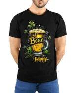 Beer Happy Tshirt Funny St Patricks Day Drinking Tee - model wearing black shirt, hands behind back
