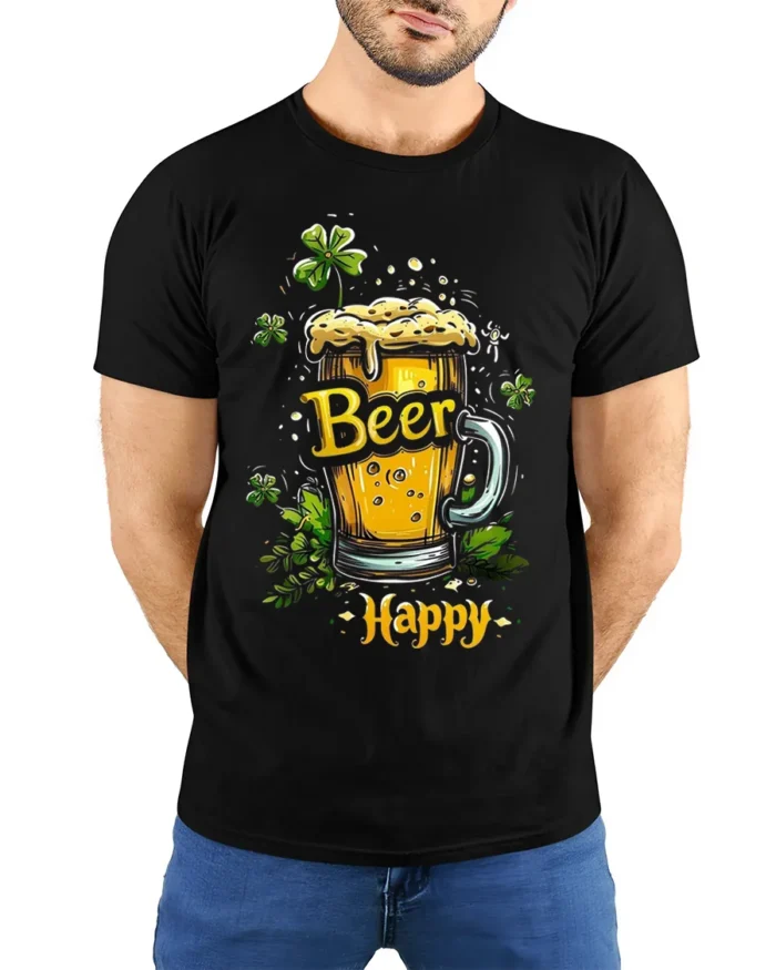Beer Happy Tshirt Funny St Patricks Day Drinking Tee - model wearing black shirt, hands behind back