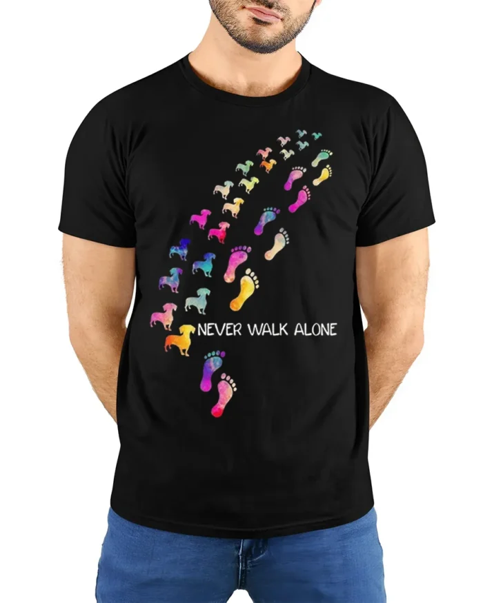 Never Walk Alone Dog Lover Tshirt Colorful Print - model wearing black shirt, hands behind back