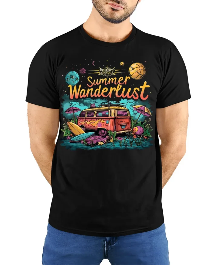Summer Wanderlust Van Tshirt Retro Travel Vibe - model wearing black shirt, hands behind back