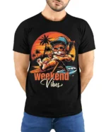 Weekend Vibes Cat Tshirt Retro Chill Sunset Tee - model wearing black shirt, hands behind back