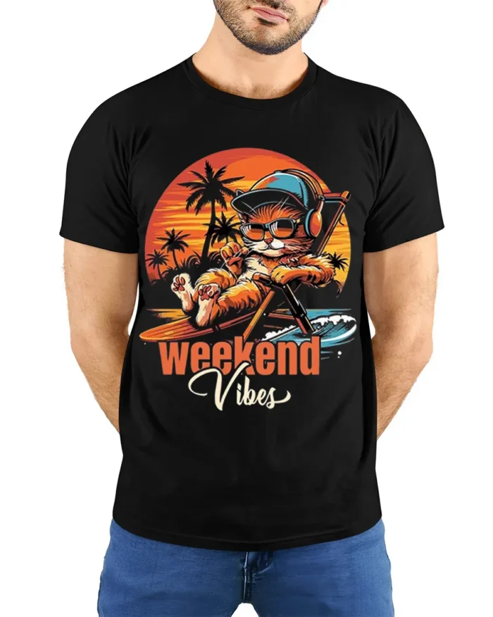 Weekend Vibes Cat Tshirt Retro Chill Sunset Tee - model wearing black shirt, hands behind back