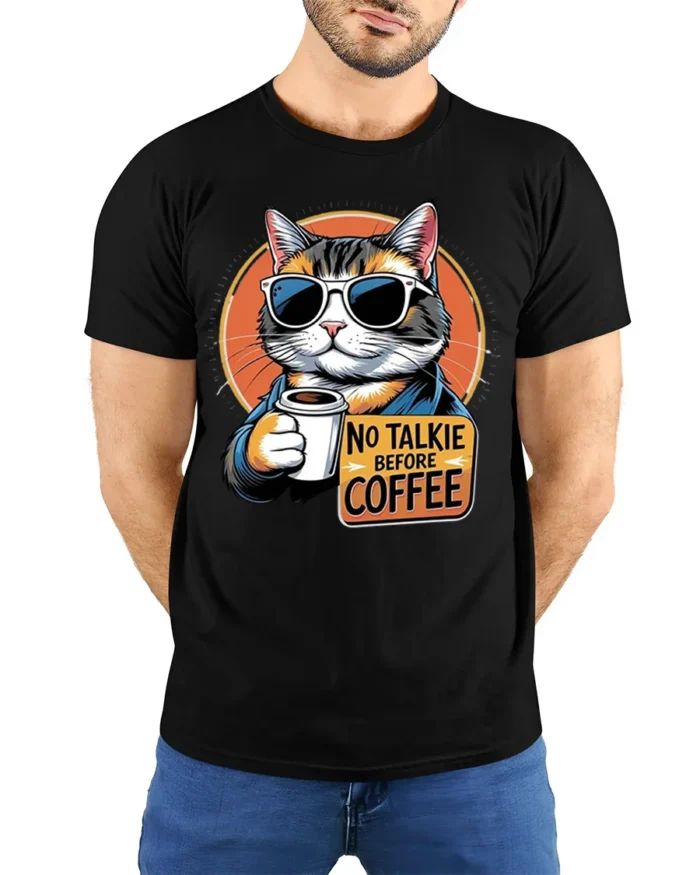 No Talkie Before Coffee Cat Funny Graphic Tshirt - model wearing black shirt, hands behind back