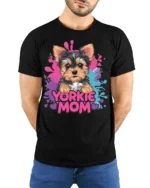 Yorkie Mom Tshirt Cute Yorkshire Terrier Dog Tee - model wearing black shirt, hands behind back
