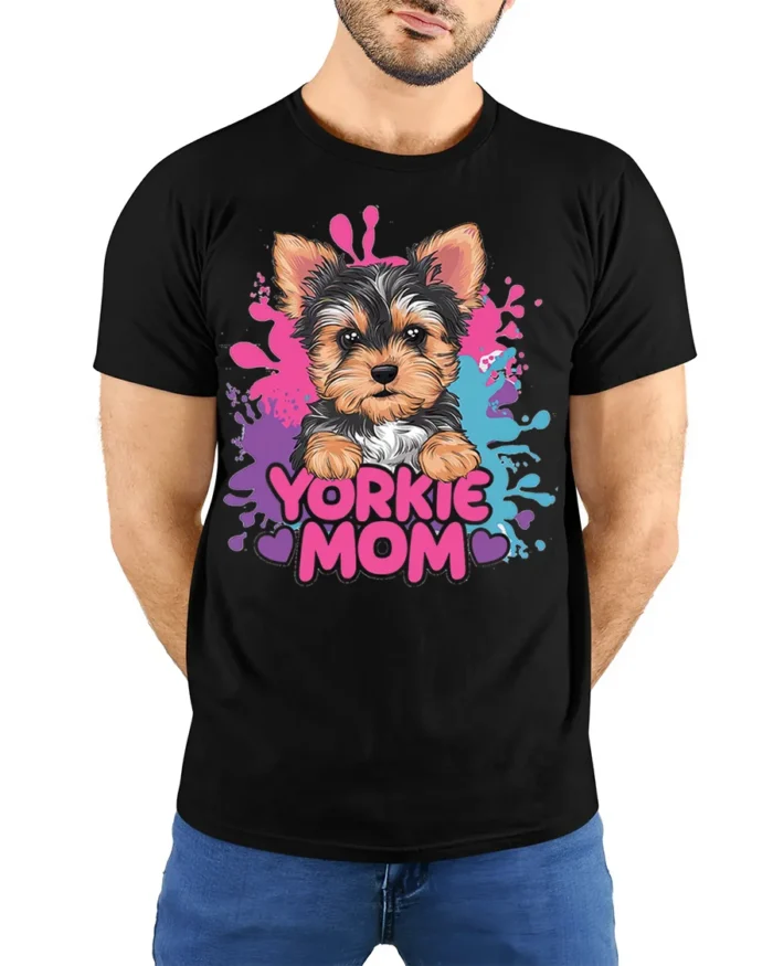 Yorkie Mom Tshirt Cute Yorkshire Terrier Dog Tee - model wearing black shirt, hands behind back