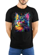 Colorful Cat Tshirt Vibrant Rainbow Art Graphic - model wearing black shirt, hands behind back