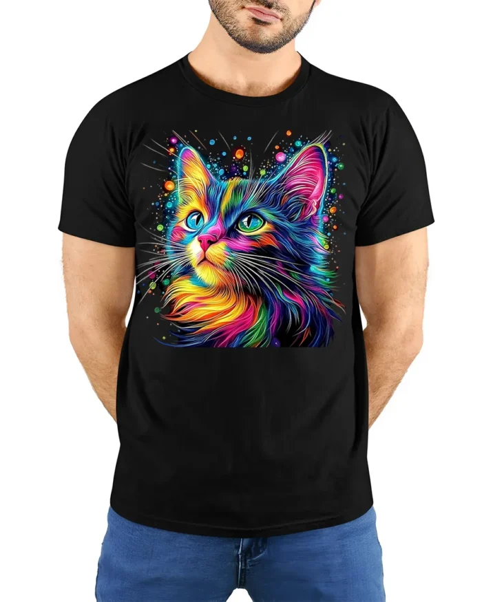 Colorful Cat Tshirt Vibrant Rainbow Art Graphic - model wearing black shirt, hands behind back
