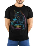 Cat Mother Coffee Lover Tshirt Neon Art Graphic - model wearing black shirt, hands behind back