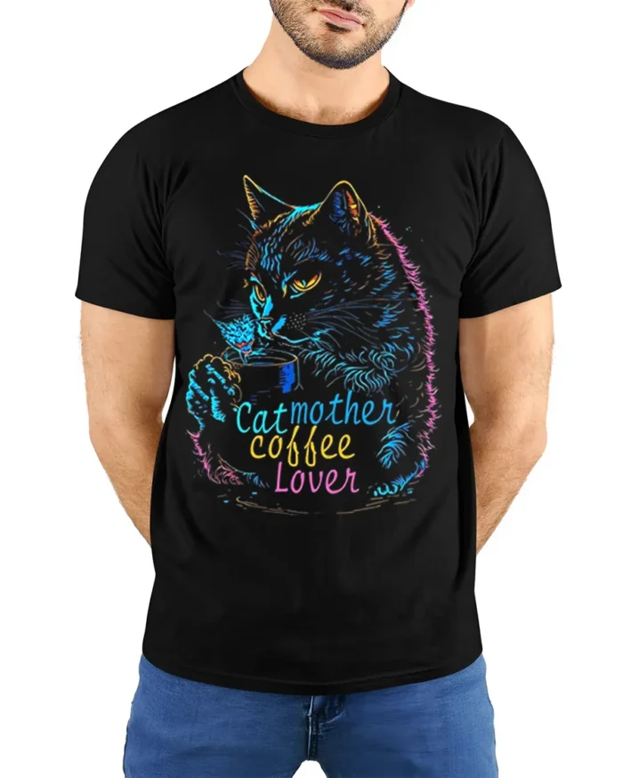 Cat Mother Coffee Lover Tshirt Neon Art Graphic - model wearing black shirt, hands behind back