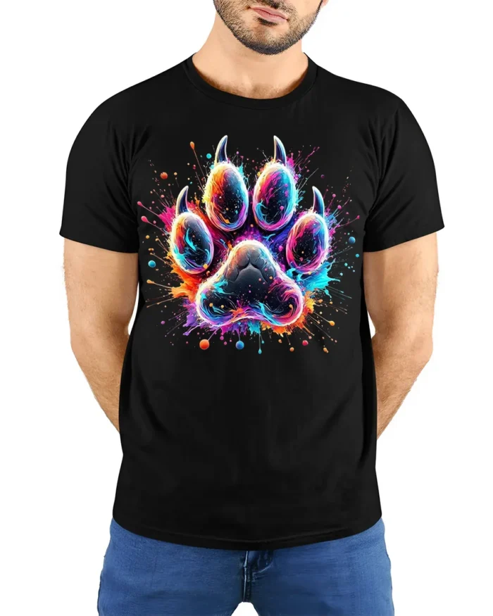 Colorful Paw Print Tshirt Vibrant Animal Art Tee - model wearing black shirt, hands behind back