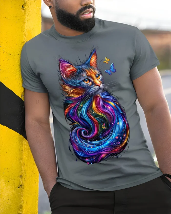 Colorful Cat Art T-Shirt with Butterfly Design - model in grey shirt leaning against column