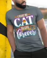 I Want My Cat To Live Forever Funny Quote Tshirt - model in grey shirt leaning against column