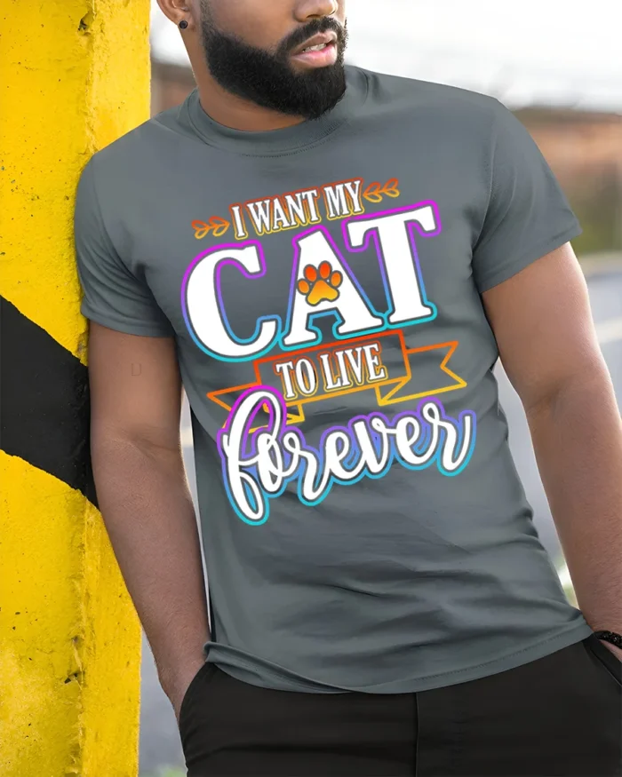 I Want My Cat To Live Forever Funny Quote Tshirt - model in grey shirt leaning against column