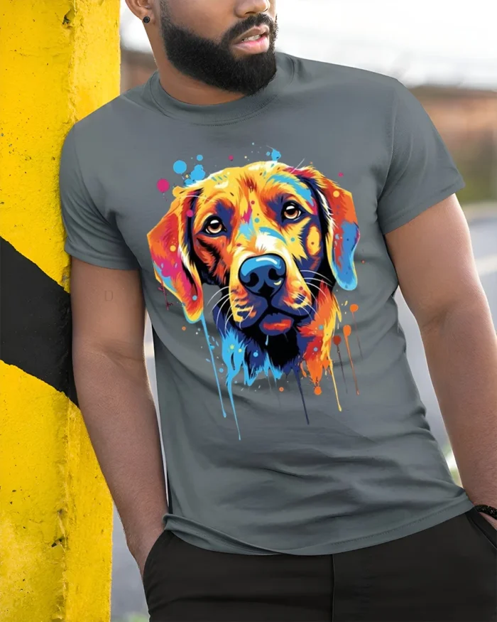 Colorful Dog Tshirt Vibrant Labrador Art Graphic - model in grey shirt leaning against column