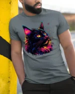 Colorful Black Cat Tshirt Vibrant Neon Art Graphic - model in grey shirt leaning against column