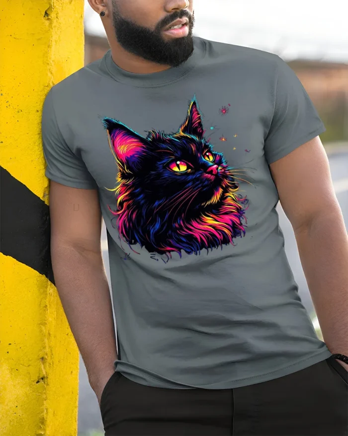 Colorful Black Cat Tshirt Vibrant Neon Art Graphic - model in grey shirt leaning against column