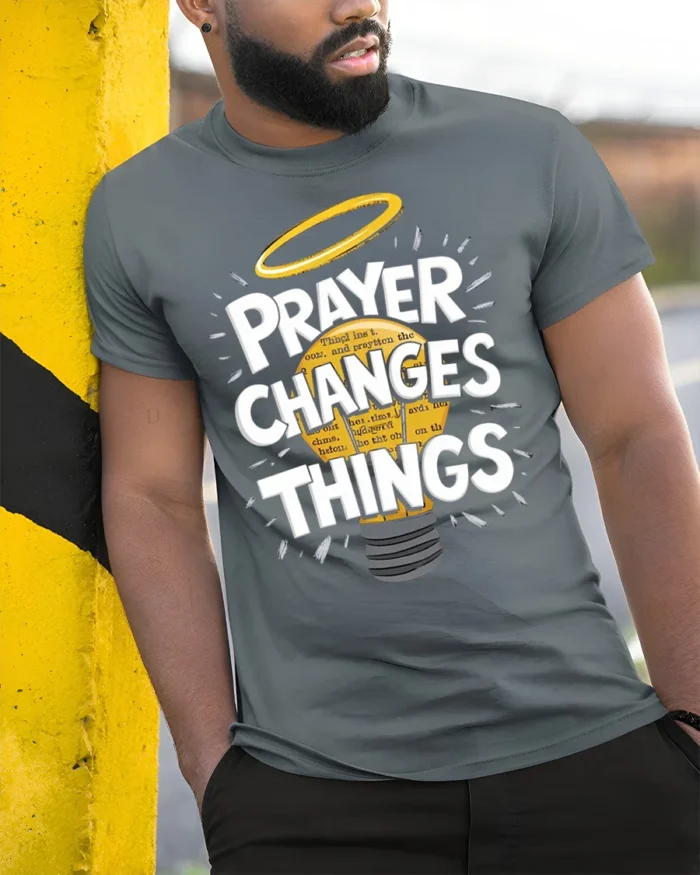 Prayer Changes Things Tshirt Christian Faith Tee - model in grey shirt leaning against column