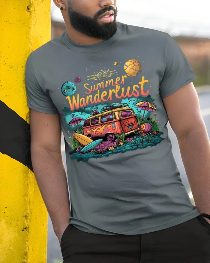 Summer Wanderlust Van Tshirt Retro Travel Vibe - model in grey shirt leaning against column