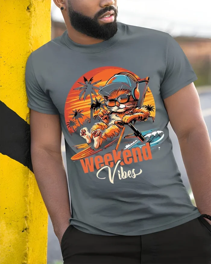 Weekend Vibes Cat Tshirt Retro Chill Sunset Tee - model in grey shirt leaning against column