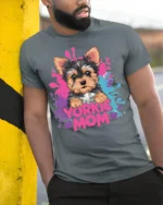 Yorkie Mom Tshirt Cute Yorkshire Terrier Dog Tee - model in grey shirt leaning against column