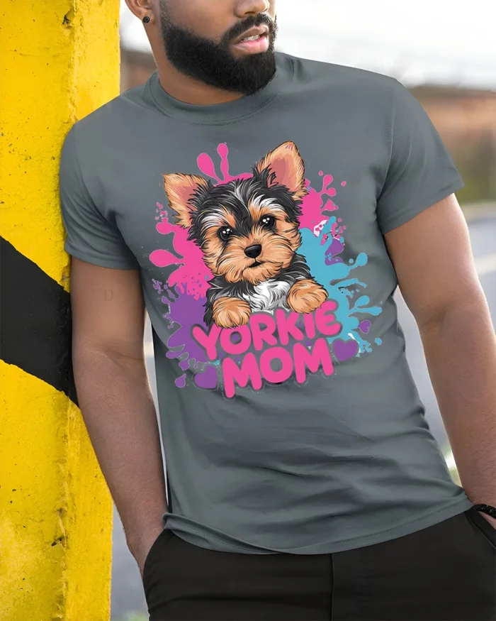 Yorkie Mom Tshirt Cute Yorkshire Terrier Dog Tee - model in grey shirt leaning against column