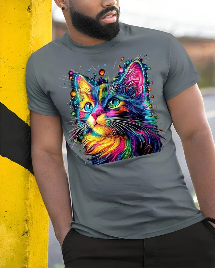 Colorful Cat Tshirt Vibrant Rainbow Art Graphic - model in grey shirt leaning against column