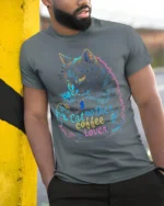 Cat Mother Coffee Lover Tshirt Neon Art Graphic - model in grey shirt leaning against column