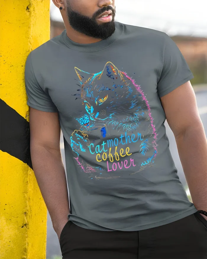 Cat Mother Coffee Lover Tshirt Neon Art Graphic - model in grey shirt leaning against column