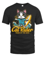 Cat Rider Surfing Graphic T-Shirt for Ocean Lovers - black t-shirt on white background