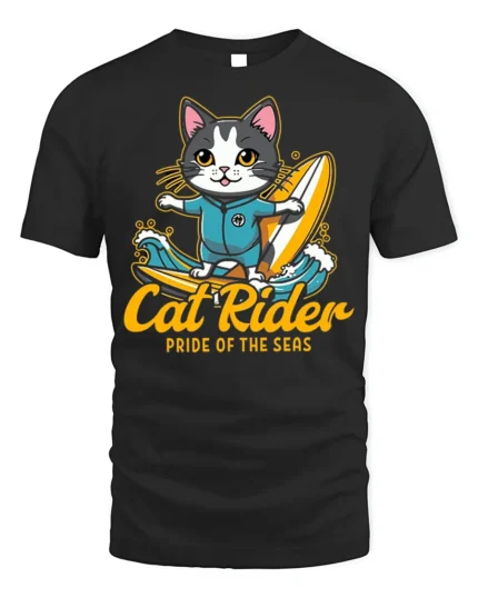 Cat Rider Surfing Graphic T-Shirt for Ocean Lovers - black t-shirt on white background