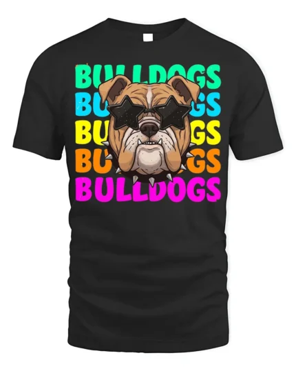 Colorful Bulldogs Graphic T-Shirt Funny Dog Tee - black t-shirt on white background