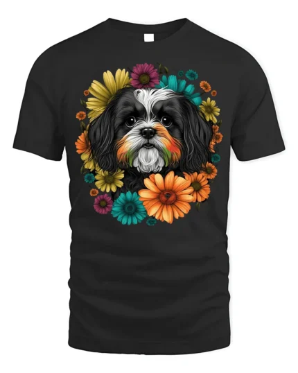 Floral Dog Face Graphic T-Shirt Pet Lover Tee - black t-shirt on white background