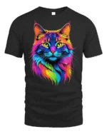 Colorful Neon Cat Face Graphic T-Shirt Artistic Tee - black t-shirt on white background
