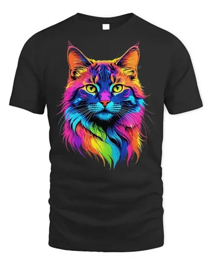 Colorful Neon Cat Face Graphic T-Shirt Artistic Tee - black t-shirt on white background