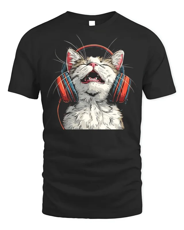 Happy Cat Headphones Music Lover Graphic T-Shirt - black t-shirt on white background
