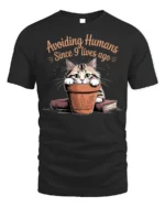 Avoiding Humans Funny Cat Graphic T-Shirt Tee - black t-shirt on white background
