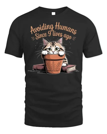 Avoiding Humans Funny Cat Graphic T-Shirt Tee - black t-shirt on white background