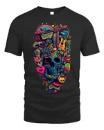Colorful Psychedelic Skull Graphic T-Shirt Tee - black t-shirt on white background
