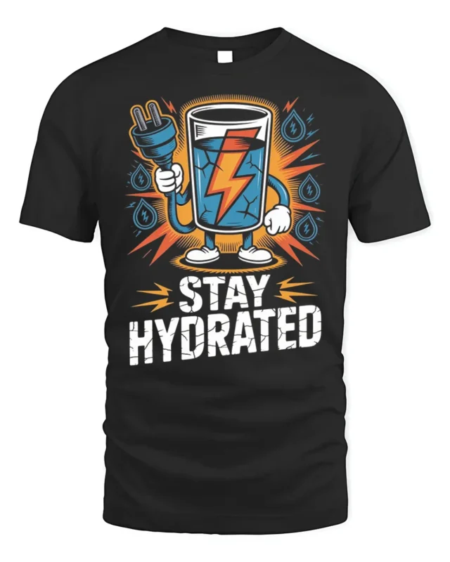 Stay Hydrated Funny Energy Graphic T-Shirt - black t-shirt on white background
