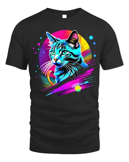 Neon Retro Cat Graphic T-Shirt Colorful Art Tee - black t-shirt on white background