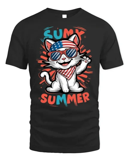Patriotic Summer Cat Graphic T-Shirt USA Style - black t-shirt on white background