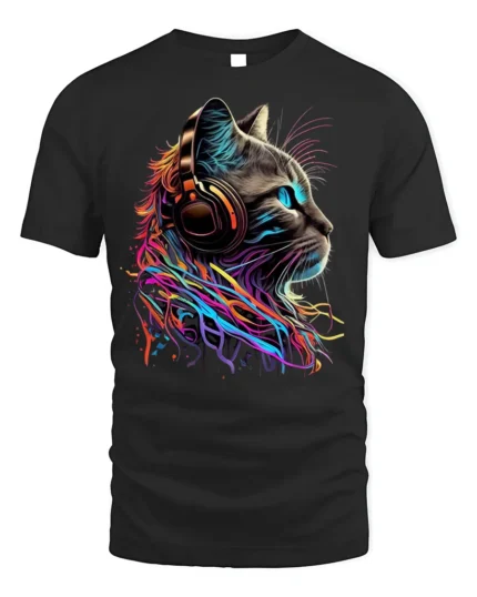 Colorful DJ Cat Headphones Graphic T-Shirt - black t-shirt on white background