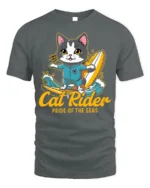 Cat Rider Surfing Graphic T-Shirt for Ocean Lovers - gray t-shirt on white background